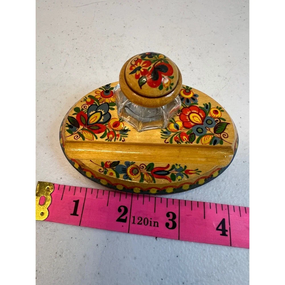 Vintage Russian Khokhloma Hand Painted Wood Inkwell Stand Glass Pot Floral Folk